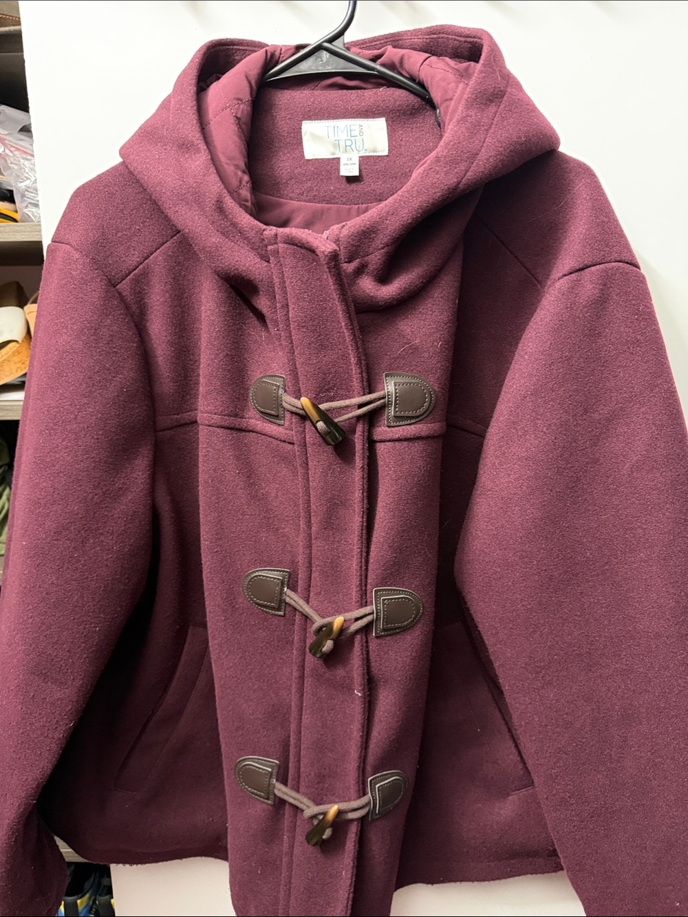 Time and Tru Hooded Toggle Pea Coat in Plum Wine